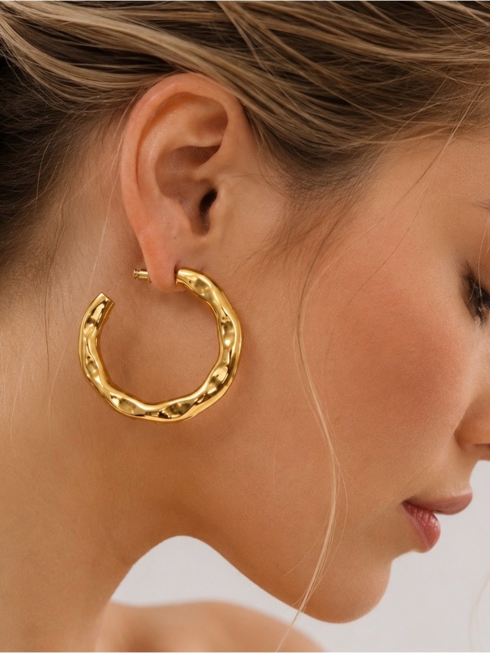 18K Gold Plated Hammered Hoop Earrings 47mm